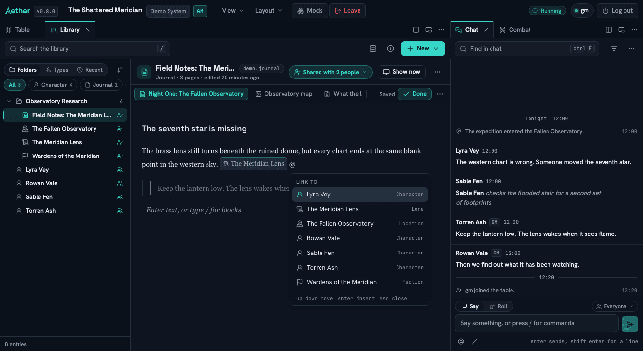 Aether Library showing connected campaign notes and their backlinks.