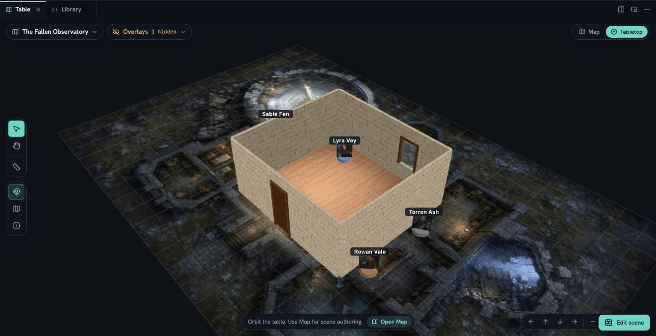 Aether switching between top-down and perspective views while walls and props shape token vision.