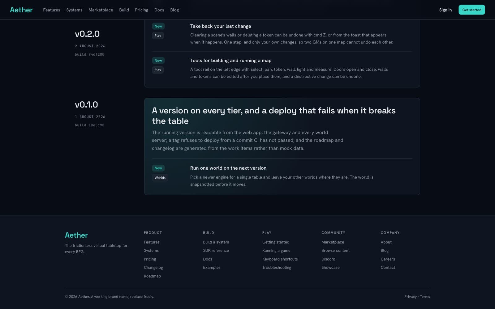 The changelog showing v0.1.0's card with one entry under it, next to v0.2.0's card with several.