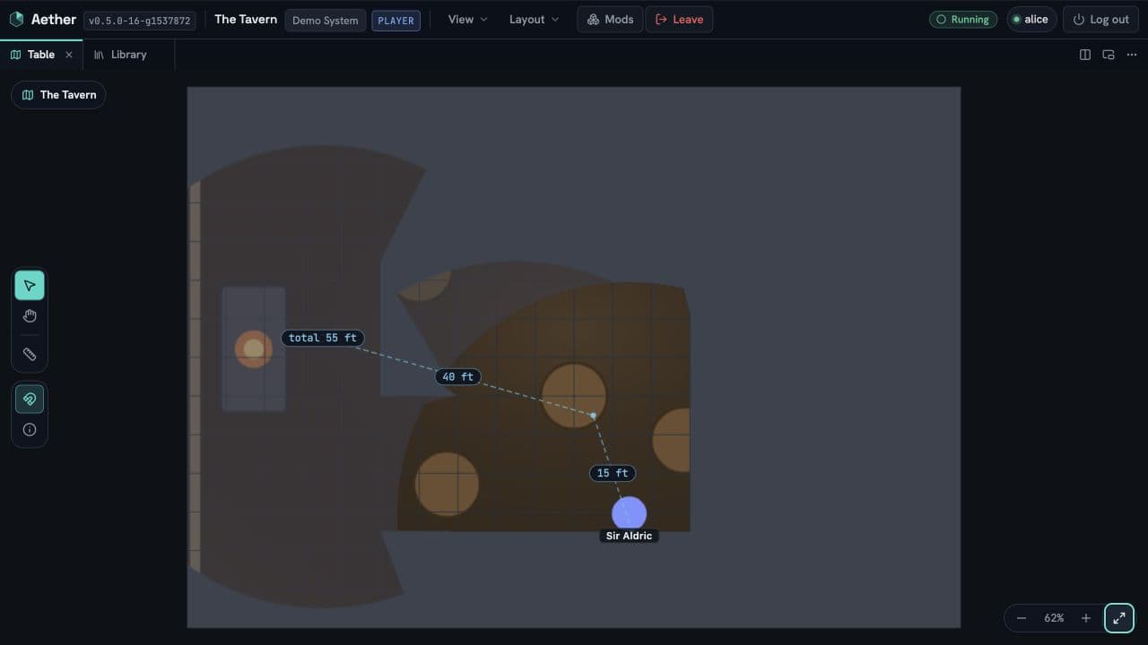 A tavern battle map with a measured route crossing the current field of view while a previously explored room remains dim.