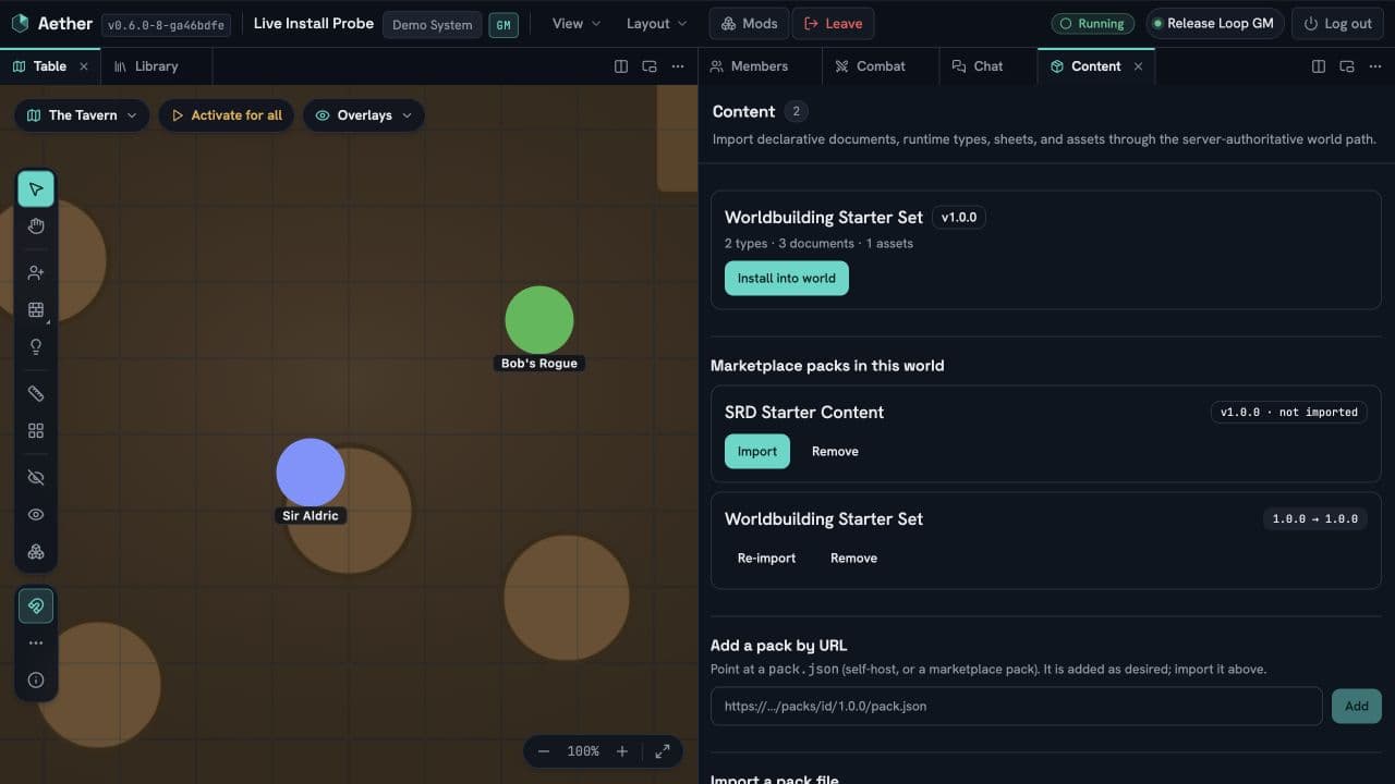 A running tavern world beside the Content panel, where marketplace packs are ready to import or already installed without relaunching the table.