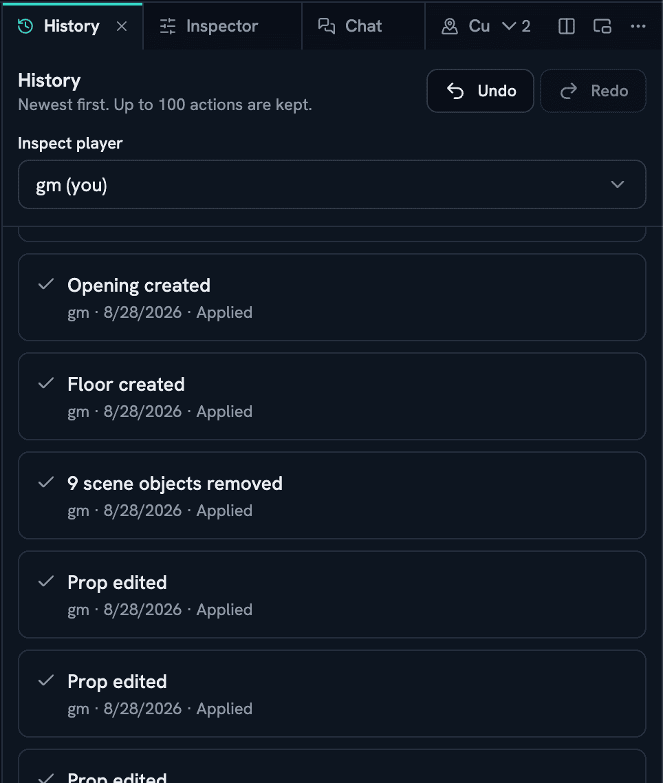 Aether History showing persistent actions with Undo, Redo and player inspection controls.