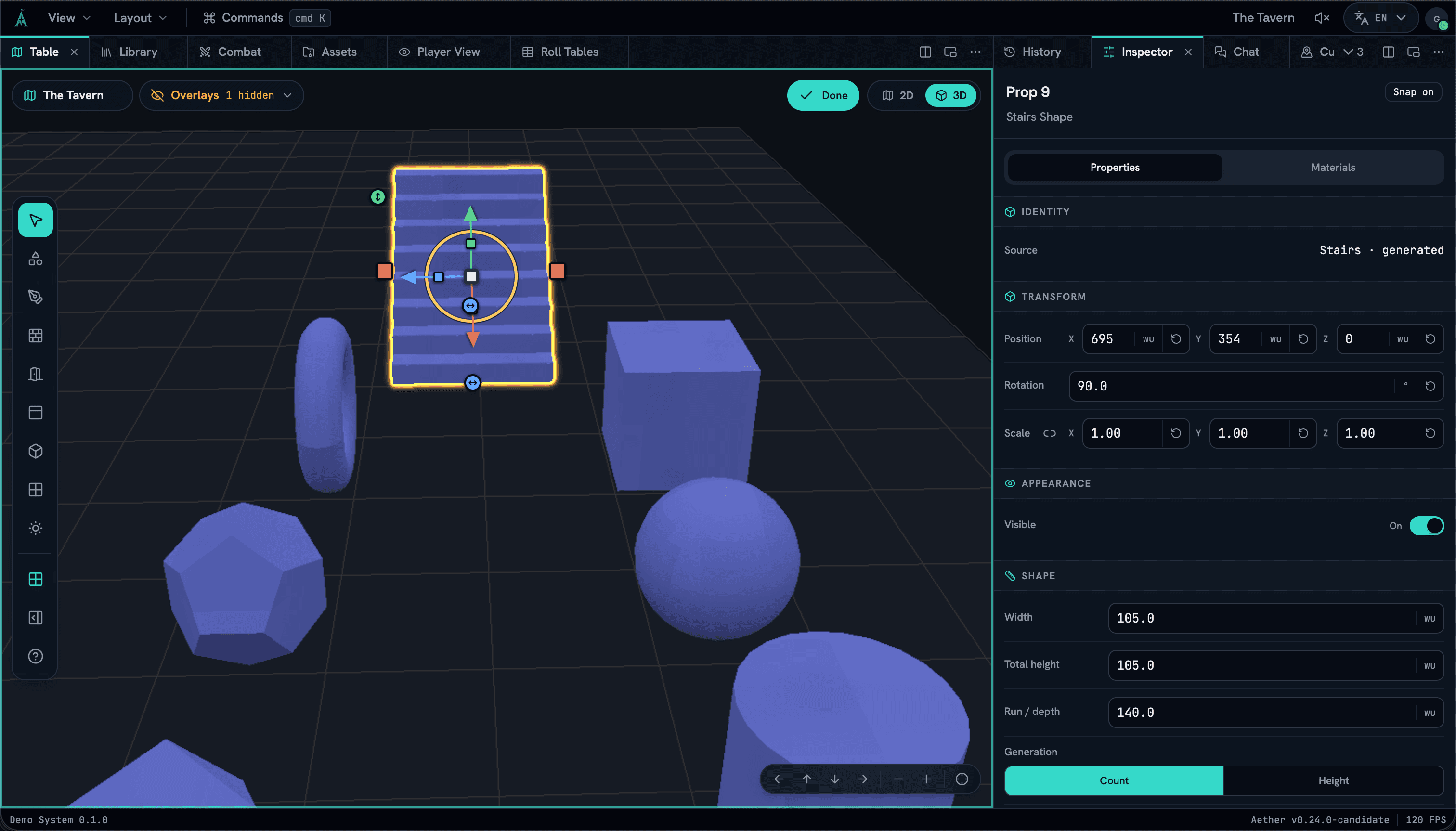 Aether editing a generated stair shape in 3D with its custom gizmo and Inspector controls visible.