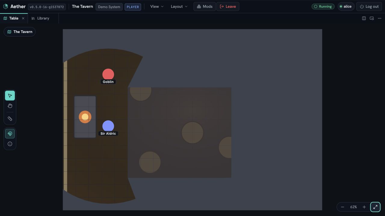 Alice's player view after reconnect, with current sight clear on the left and a previously visited room dim on the right; the creature in that remembered room is absent.