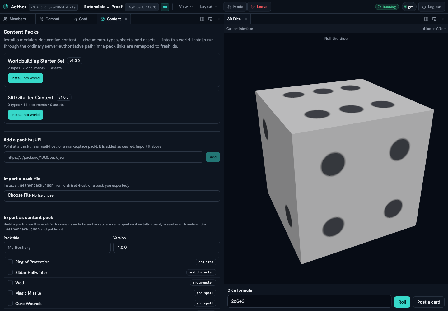 The custom 3D dice app in Aether's dark theme, enclosed by the host-owned Custom interface strip and 3D Dice panel frame.
