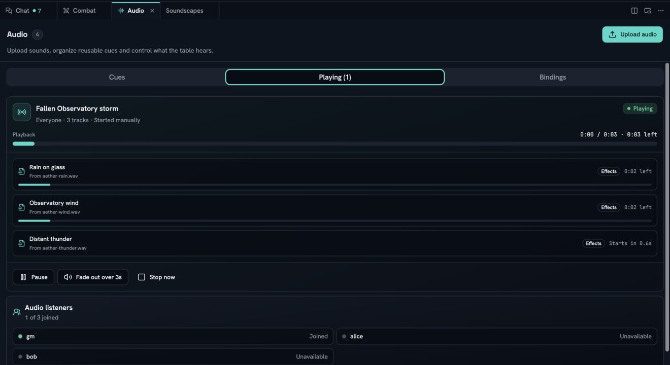 Aether’s native Audio panel playing the Fallen Observatory storm as three shared tracks, with pause, fade-out and listener participation controls.