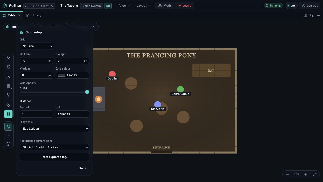 Aether's Grid setup panel over an imported tavern map, with a 70 pixel square grid aligned to the map