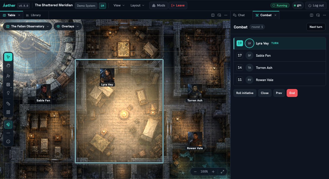 The Fallen Observatory ready for play, with Lyra Vey, Torren Ash, Sable Fen and Rowan Vale on the map and the open round-one Combat order beside it.