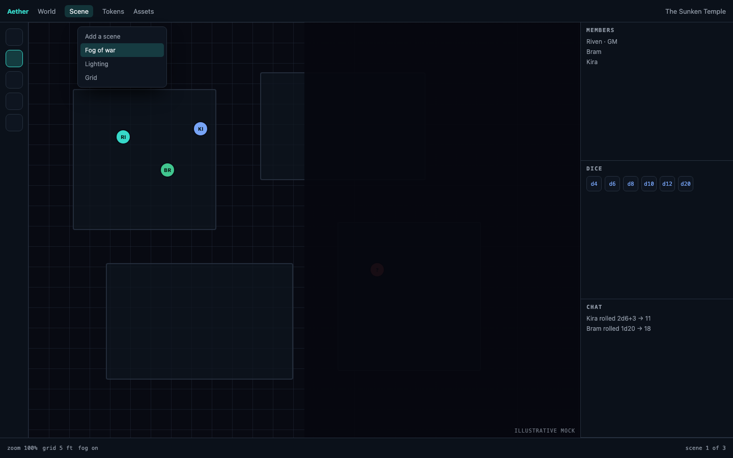 The Scene menu open, with Fog of war selected and the fog tool active in the tool rail