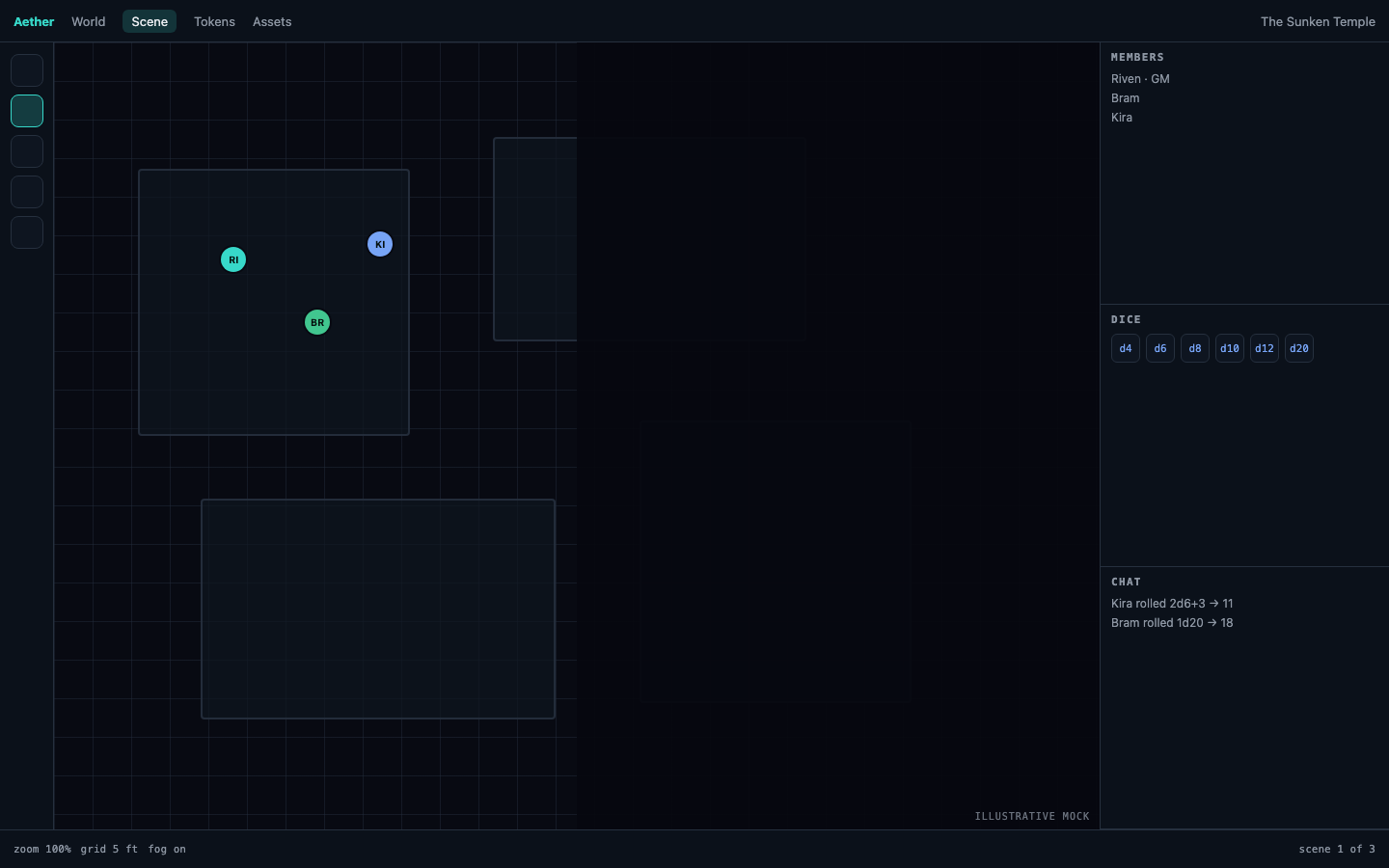 The same map as a player sees it, with unrevealed areas solid and hidden tokens absent