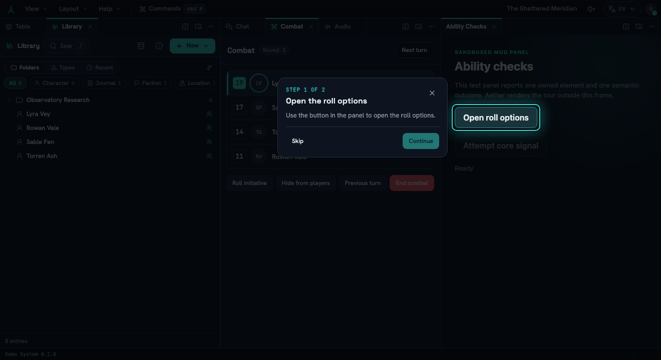 A tour targeting Open roll options in the sandboxed Guided Tour Fixture panel.