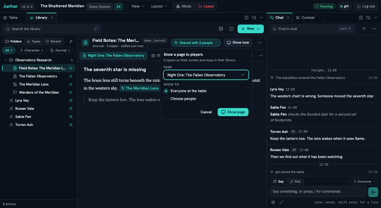 The Library’s Show a page to players control for Night One: The Fallen Observatory, with everyone or selected players available and the access consequence stated beside the action.