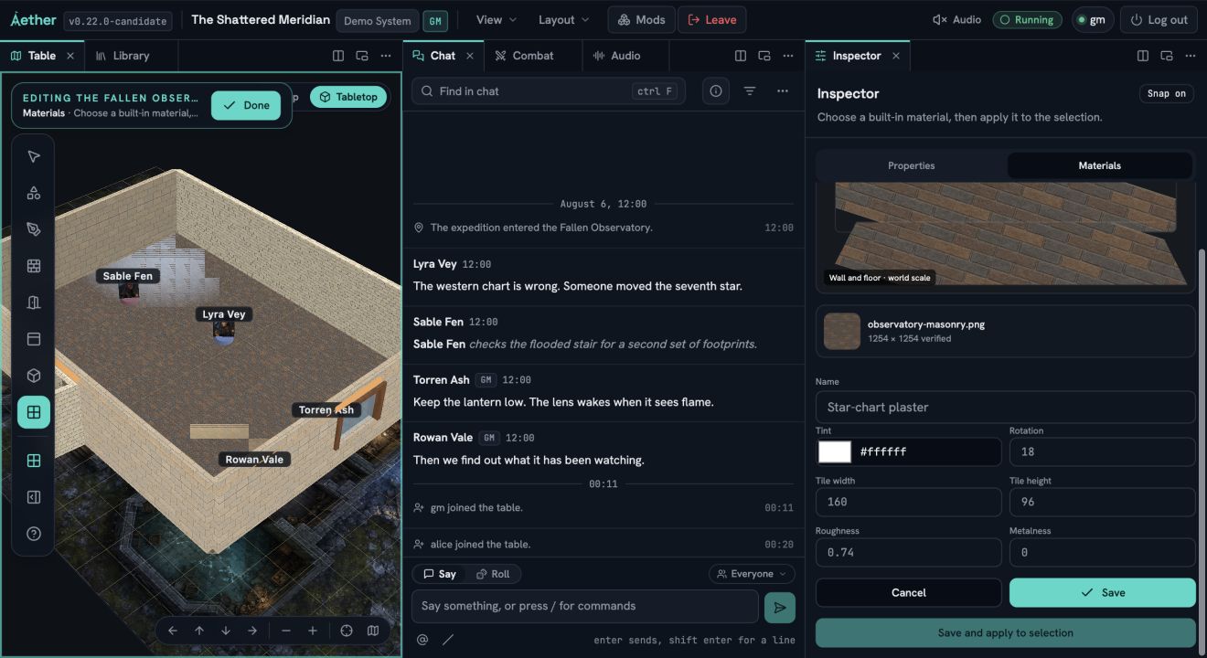 The Fallen Observatory in Scene Builder with a custom material draft in the docked Inspector, including a verified image, wall and floor preview, tint, rotation, tile size, roughness and metalness fields.
