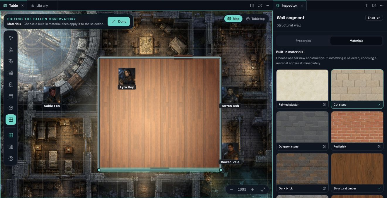 The Fallen Observatory in Scene Builder's Map edit mode, with a wooden floor, cut-stone walls, a door, a window and the built-in material palette in the docked Inspector.