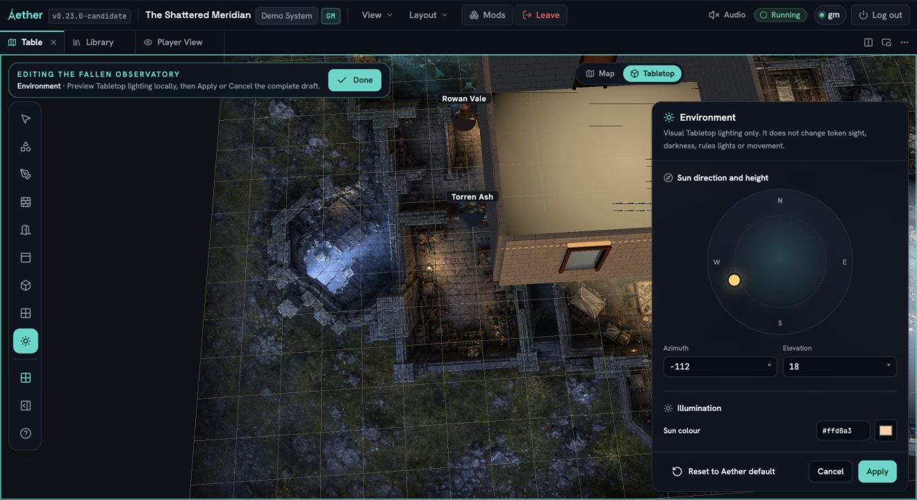 The Fallen Observatory in Scene Builder Tabletop mode with the Environment panel open to a low evening draft: a directional sun disc, minus 112 degree azimuth, 18 degree elevation and a warm hexadecimal sun colour.