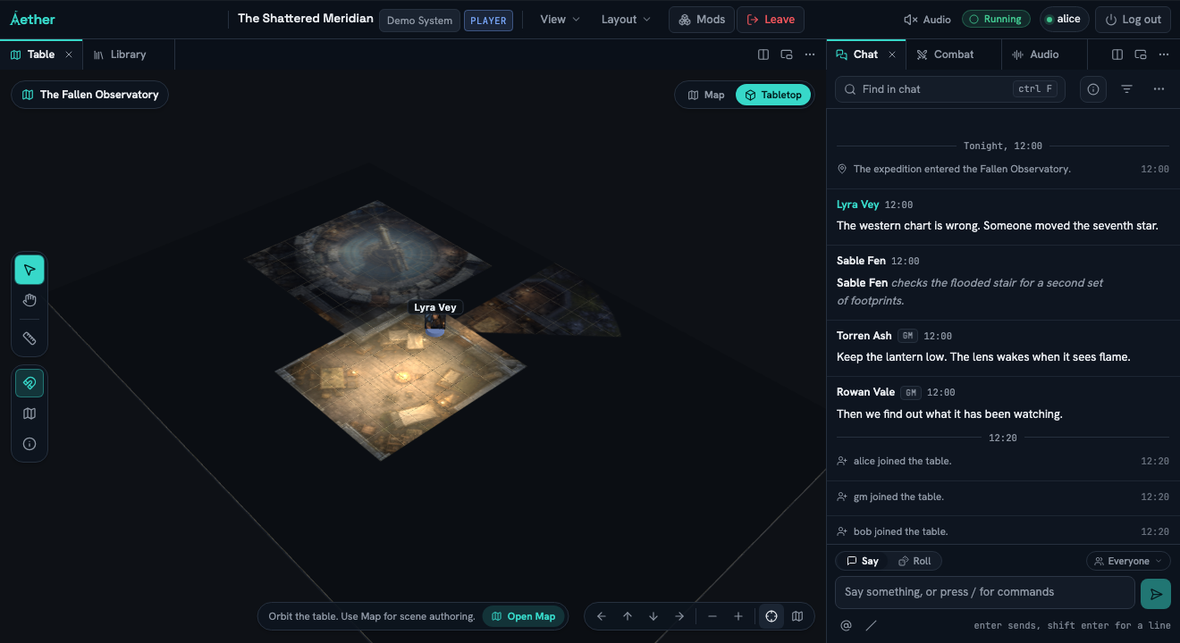 Lyra Vey's Tabletop view of The Fallen Observatory, with her standee and only the explored parts of the scene visible beyond the dark fog mask.