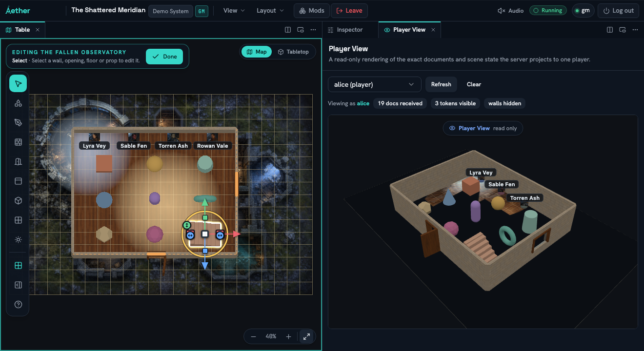 Player View looking across the same nine-Shape grid, with sight-blocking Shapes hiding objects behind them.