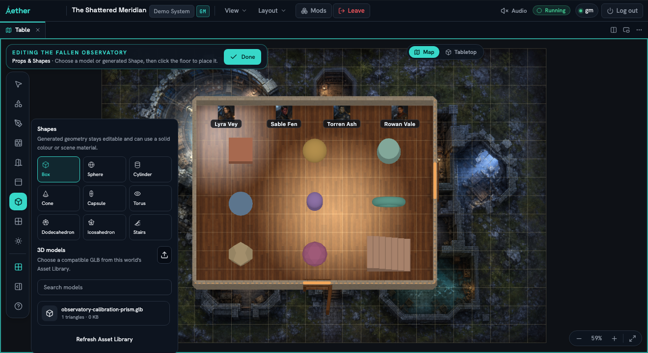 Scene Builder Map view with all nine generated Shape families arranged in a grid and the Props and Shapes palette open.