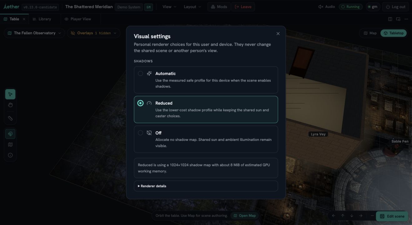Aether Visual settings with Automatic, Reduced and Off shadow choices; Reduced is selected and reports a 1024 by 1024 map using about 8 MiB of estimated GPU working memory.